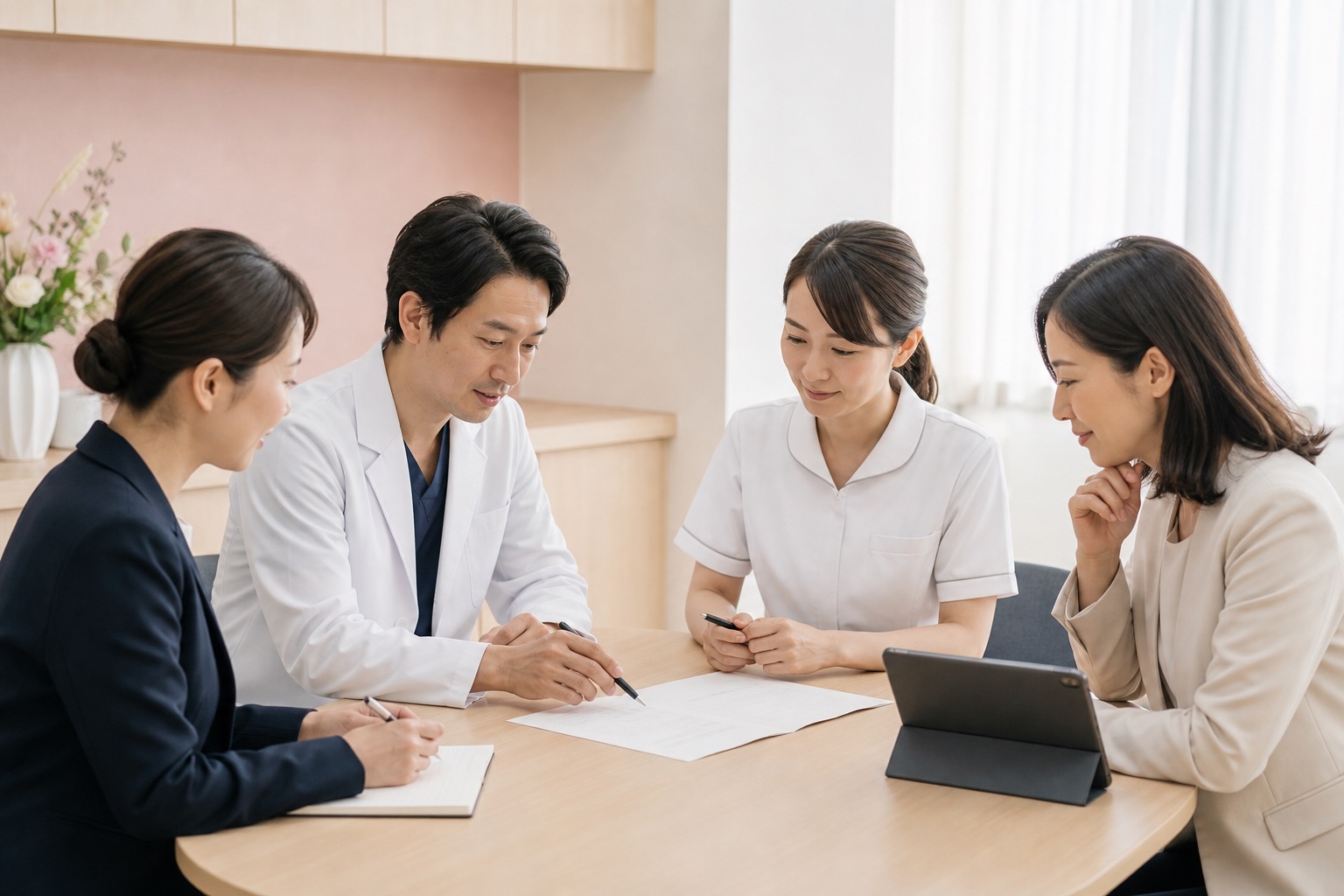 医師、看護師、相談員、事務担当者が支援計画を確認する様子