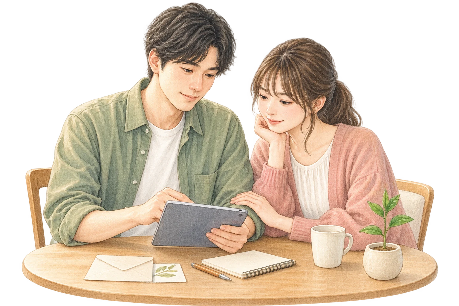 届いた応援を確認しながら、治療の歩みを一緒に考えるカップルのイラスト